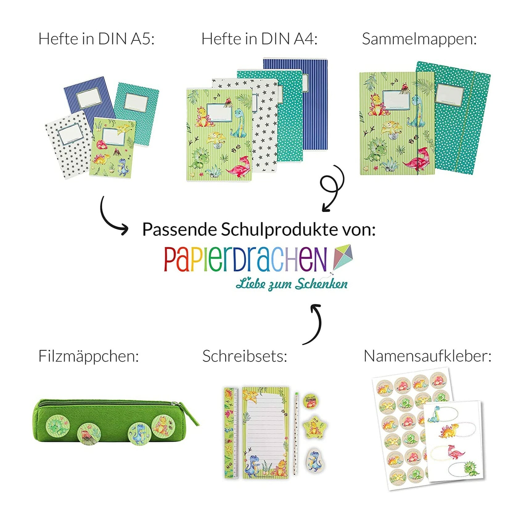Postmappe für Grundschüler Motiv Dino Set Nummer 4 Sammelhefter Heftsammler 2 hochwertige Schulmappen für Kinder DIN A4 
